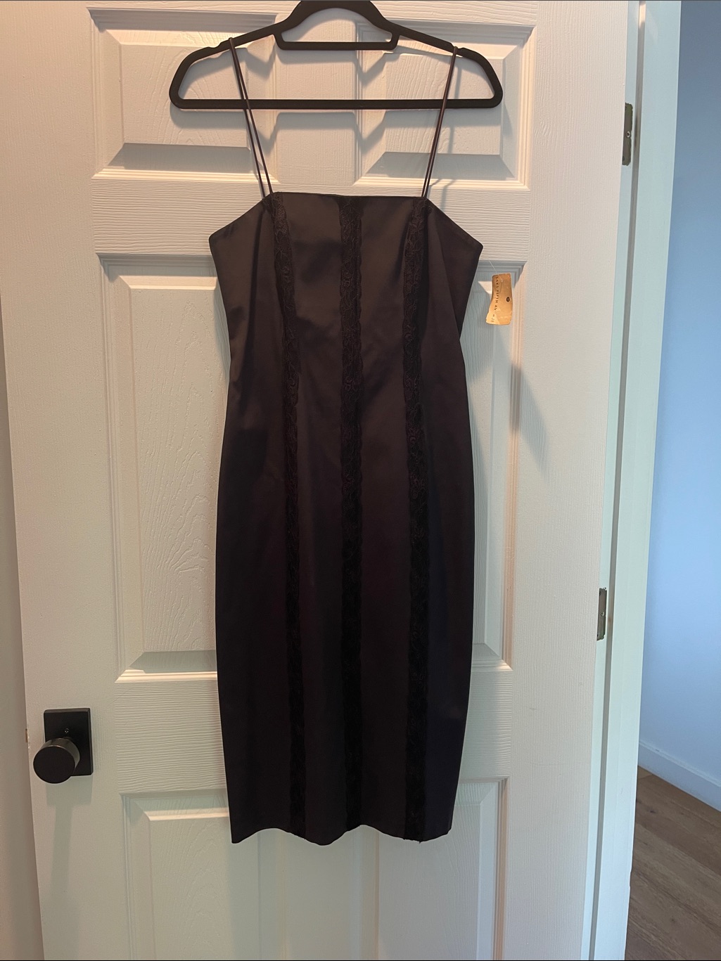 Sleek Black Midi Slip Dress With Lace-Trim Panels